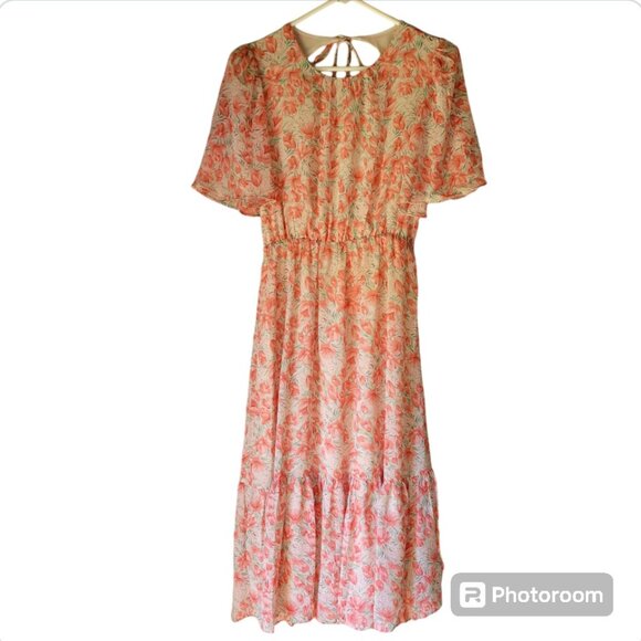 Lush Floral Short Sleeve Open Back Dress Size S - Picture 3 of 8